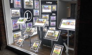This bespoke window display was created using brand colours to illuminate properties at night.