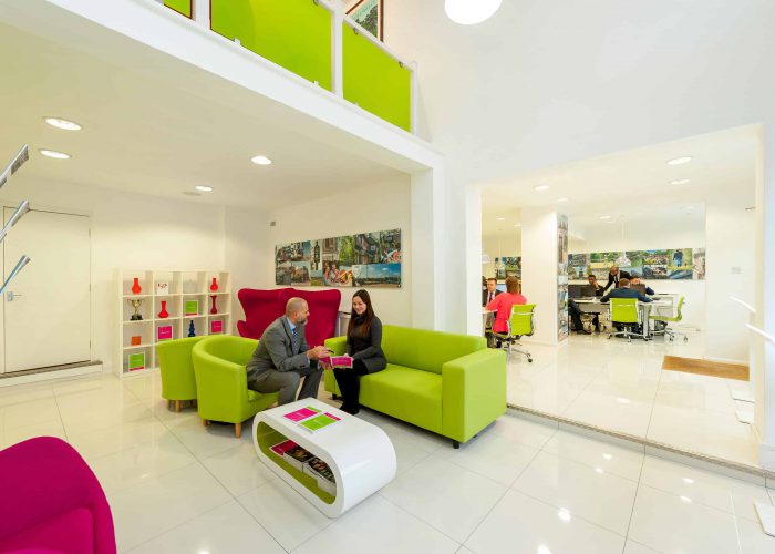 An office we refurbished to match brand colours and include custom graphics for the walls.